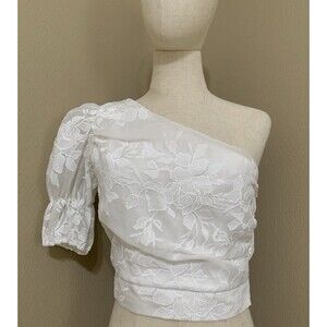Do+Be‎ One Shoulder White Floral Sheer Puffed Sleeve Crop Top Size Small